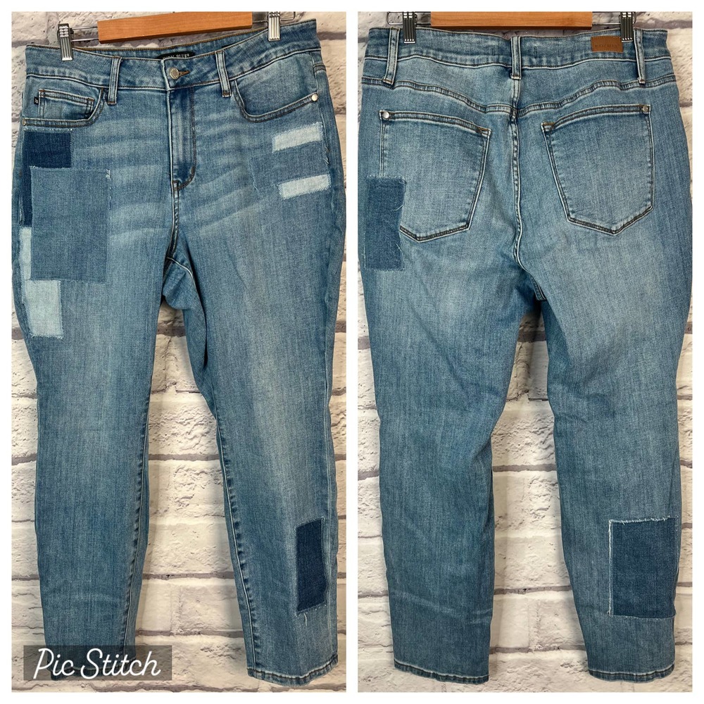 JUDY BLUE Women's 16W Plus Blue Stretchy Denim Patched High Rise Boyfriend Jeans